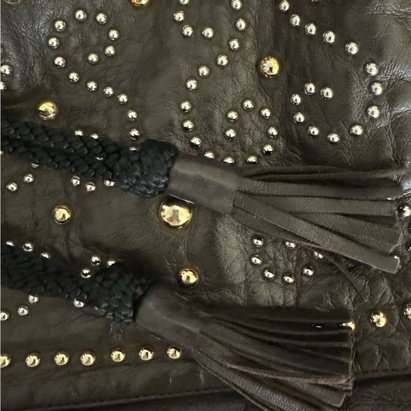 Yves Saint Laurent Vintage Brown Leather Studded Fringe Black Tie Handbag - Picture 15 of 15